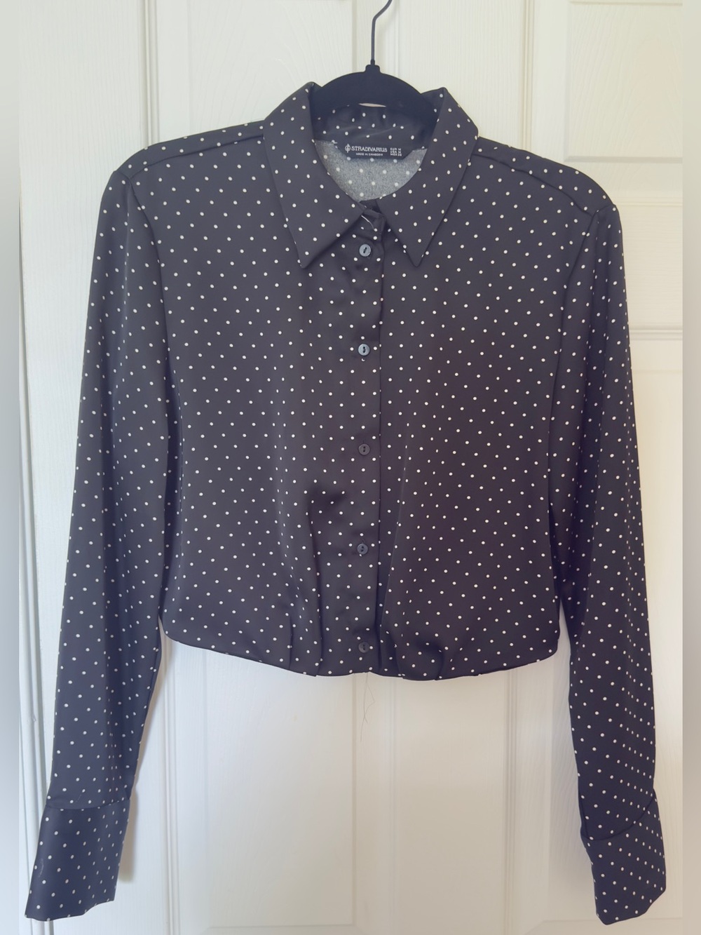 stradivarius Black Button-Down Blouse with White Polka Dots